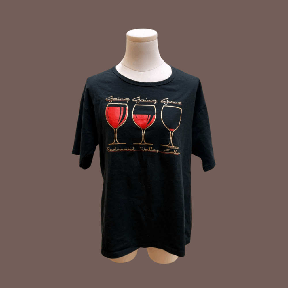 Anvil Wine Graphic Tee | Black Cotton | Size L | Vintage 90s